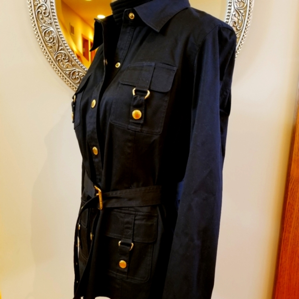 Michael By Michael Kors Cotton Black Trench Coat with Gold Buttons and Belt - Picture 3 of 8